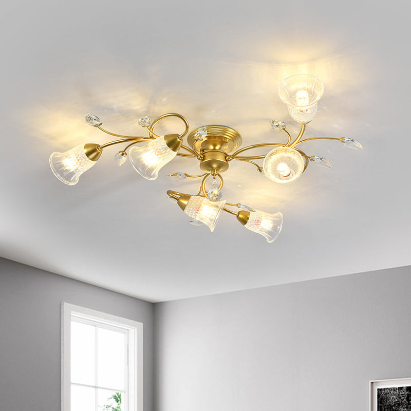Helder kristal wijd uitlopende plafond spoel minimalistisch 6-head zwart/gouden semi-flush mount licht met gebogen arm