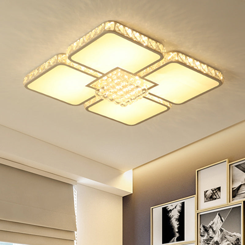 Simple LED Flush Mount Fixture Chrome Square Ceiling Lighting with Crystal Block Shade in Warm/White Light