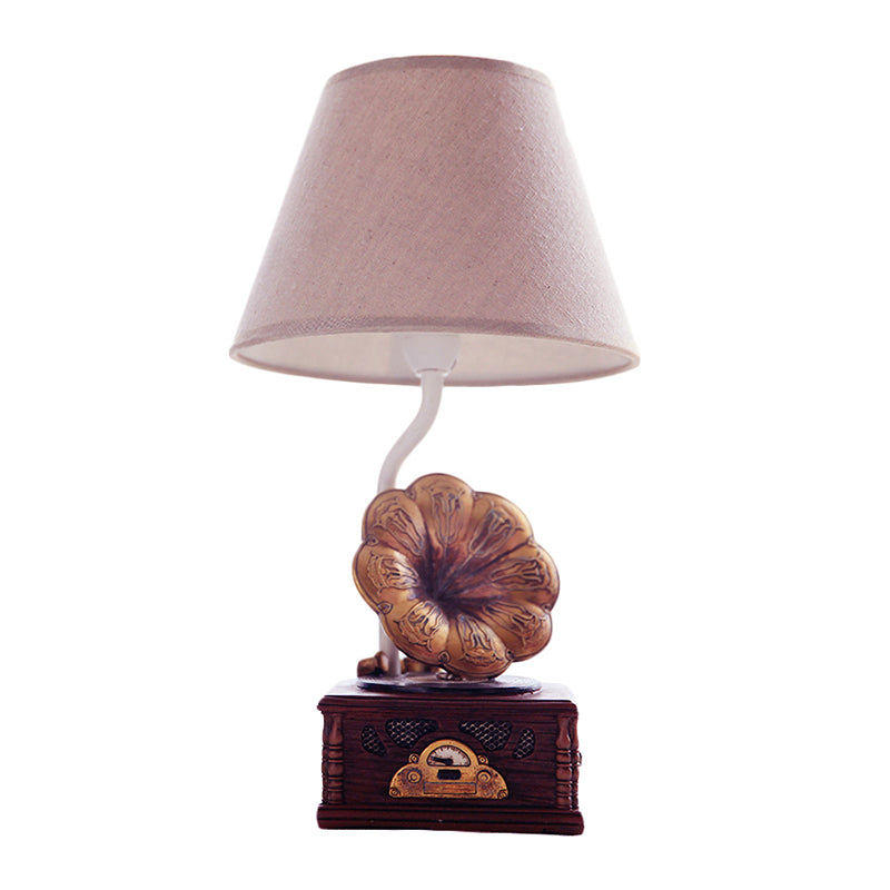 Table conique moderne tissu léger 1 lampe de lecture de salle d'étude légère avec base de phonographe en marron