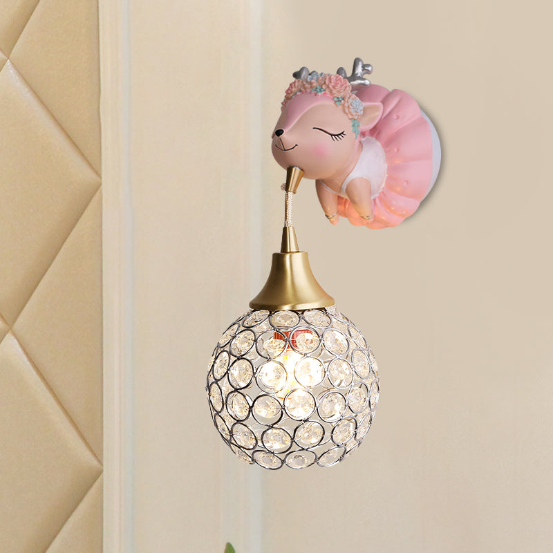 Metallic Globe/Teardrop Wall Light Fixture Cartoon 1 Bulb Pink Wall Lighting with Elephant/Deer/Rabbit Backplate