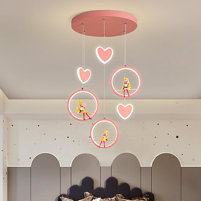 Kids 3 Lights Hanging Lamp with Acrylic Shade Pink/Blue Loving Heart and Ring Chandelier Lighting