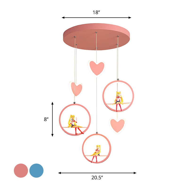 Kids 3 Lights Hanging Lamp with Acrylic Shade Pink/Blue Loving Heart and Ring Chandelier Lighting