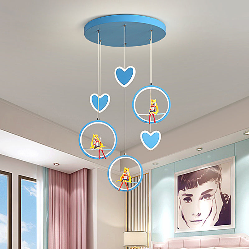 Kids 3 Lights Hanging Lamp with Acrylic Shade Pink/Blue Loving Heart and Ring Chandelier Lighting