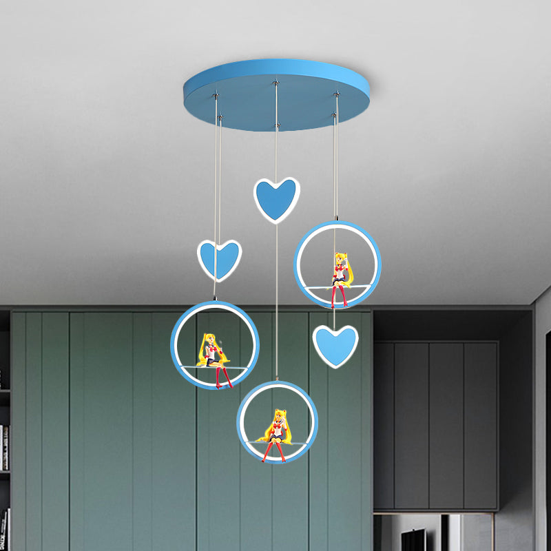 Kids 3 Lights Hanging Lamp with Acrylic Shade Pink/Blue Loving Heart and Ring Chandelier Lighting