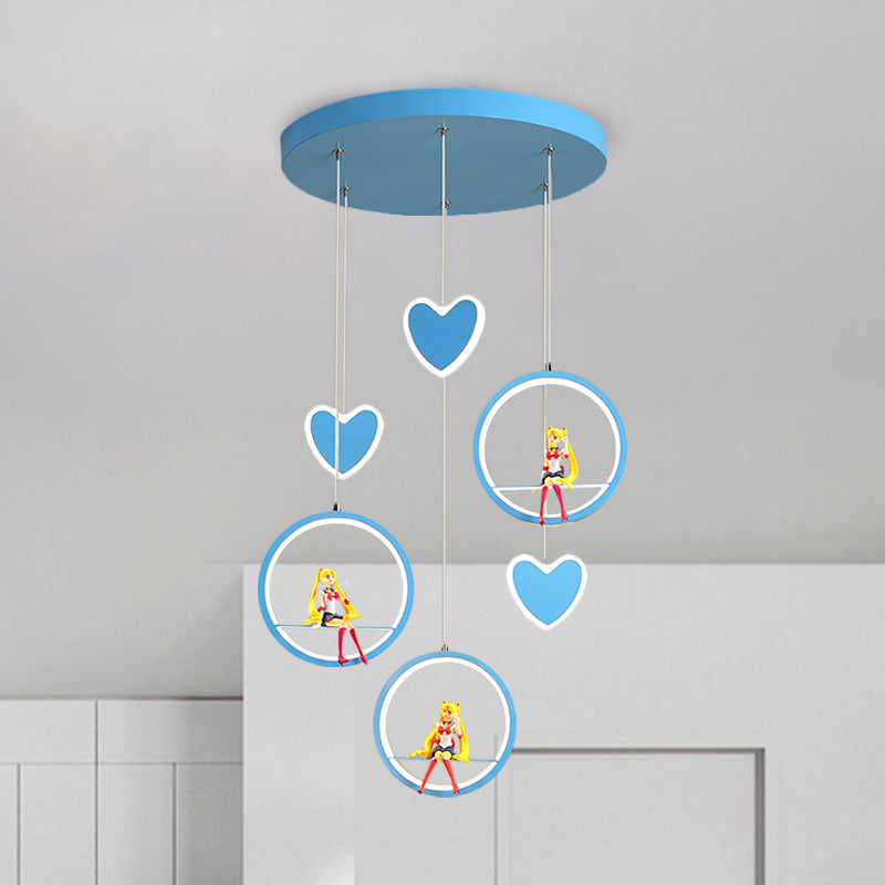 Kids 3 Lights Hanging Lamp with Acrylic Shade Pink/Blue Loving Heart and Ring Chandelier Lighting