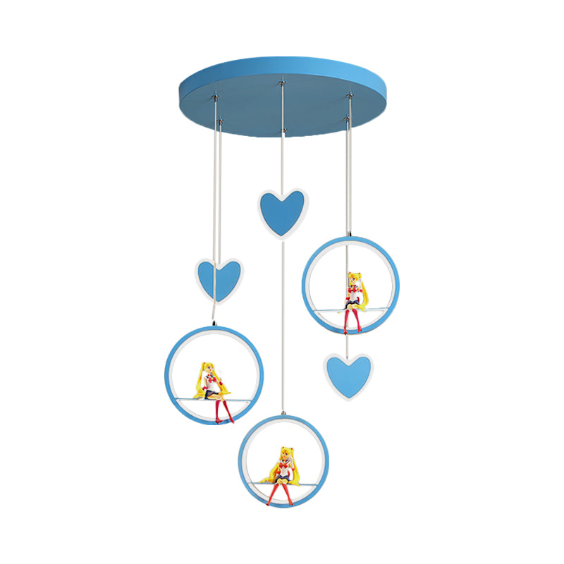 Kids 3 Lights Hanging Lamp with Acrylic Shade Pink/Blue Loving Heart and Ring Chandelier Lighting