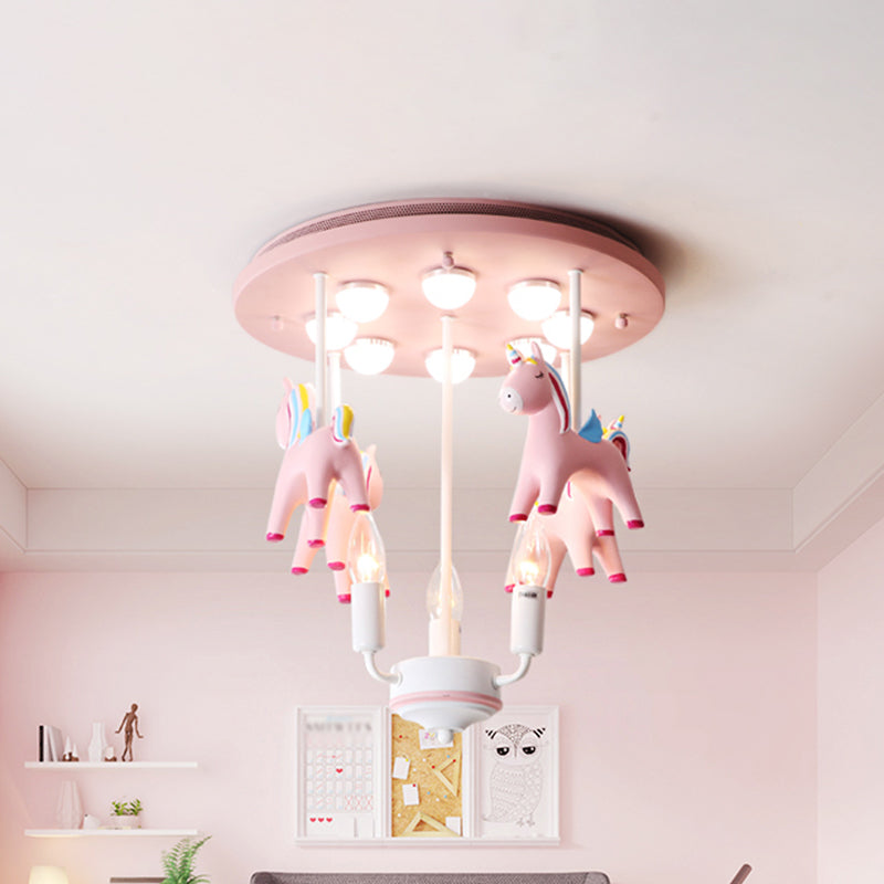 Rainbow Unicorn Resin Semi Flush Kids 3 Bulbs Pink Flush Ceiling Light with Candle Design