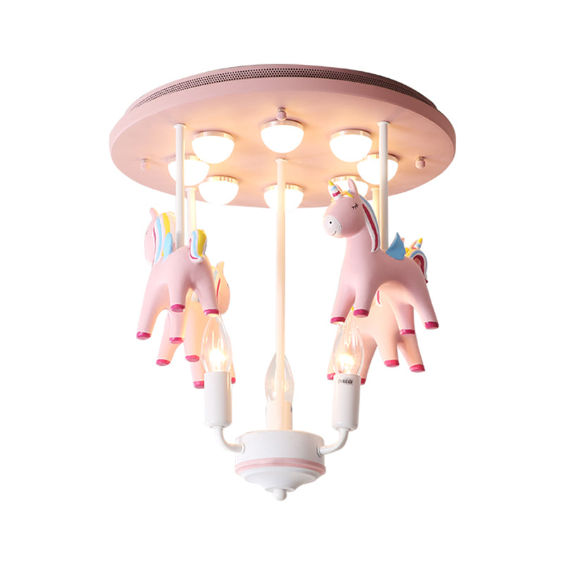 Rainbow Unicorn Resin Semi Flush Kids 3 Bulbs Pink Flush Ceiling Light with Candle Design