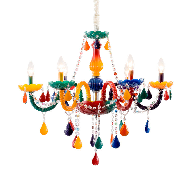Clear Crystal Candle Pendant Chandelier Kids 6 Bulbs Red and Yellow Hanging Lamp with Adjustable Chain
