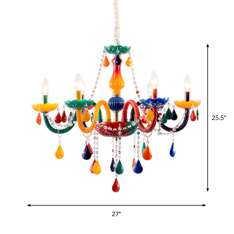 Clear Crystal Candle Pendant Chandelier Kids 6 Bulbs Red and Yellow Hanging Lamp with Adjustable Chain