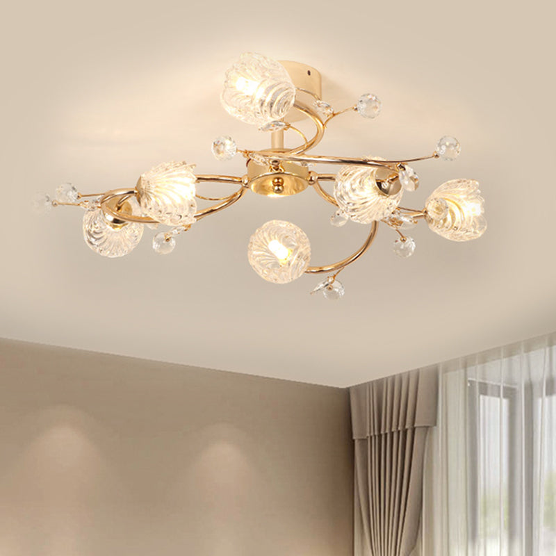 6-Head Bedroom Semi Flush Light Fixture Minimalism Gold Ceiling Lighting with Bloom Clear Crystal Shade