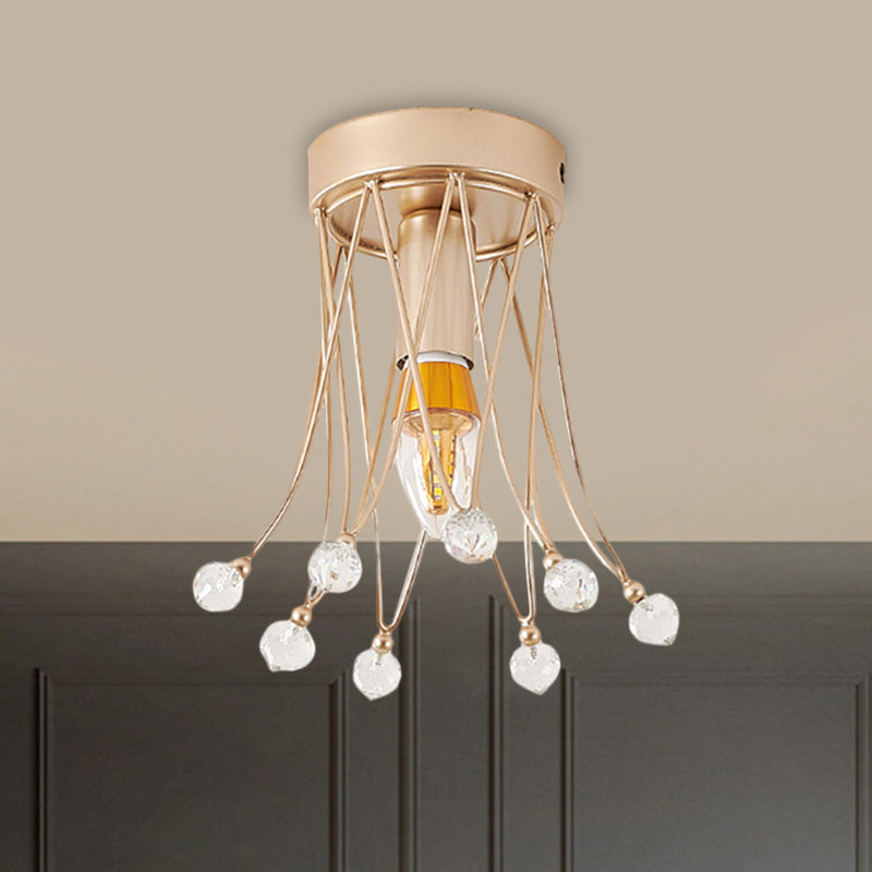 Brass Crown Semi Flush Mount Minimalist 1/3-Light Metal Ceiling Lighting with Crystal Orbs Design
