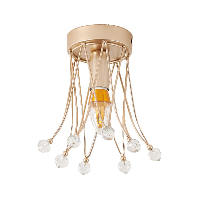 Brass Crown Semi Flush Mount Minimalist 1/3-Light Metal Ceiling Lighting with Crystal Orbs Design