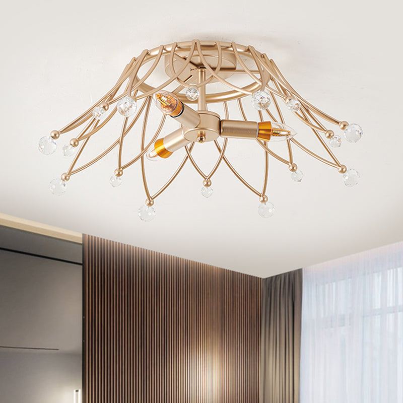 Brass Crown Semi Flush Mount Minimalist 1/3-Light Metal Ceiling Lighting with Crystal Orbs Design