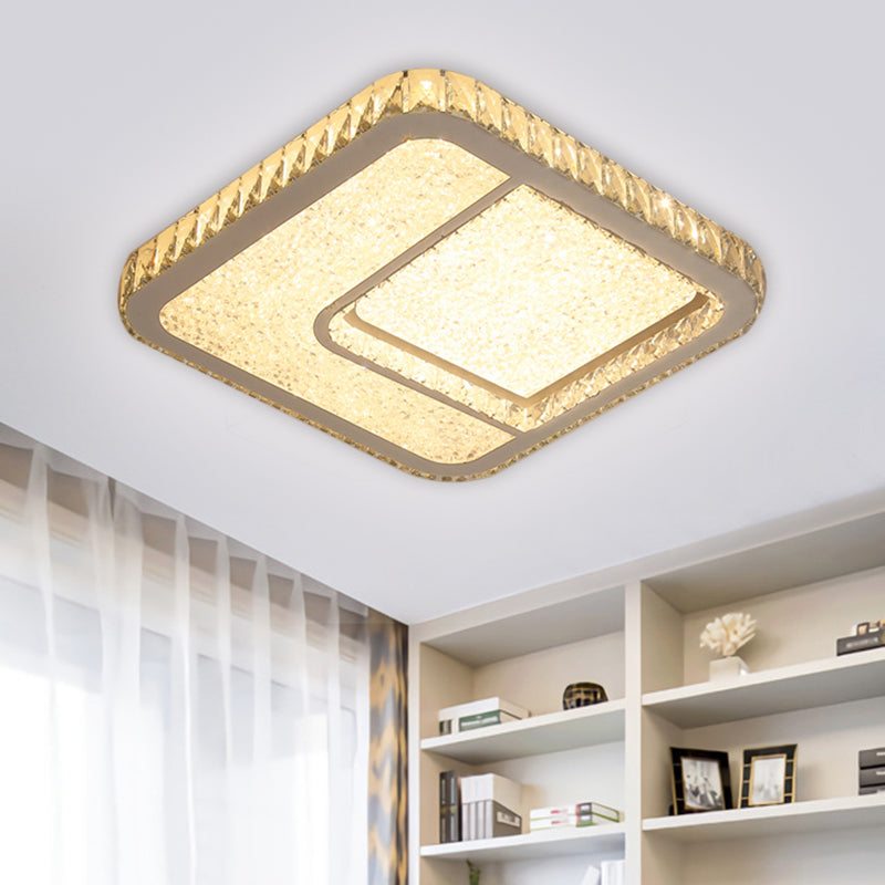 LED Parlor Flushmount Lighting Modernist Chrome Ceiling Fixture with Square Faceted Crystal Shade in Warm/White Light