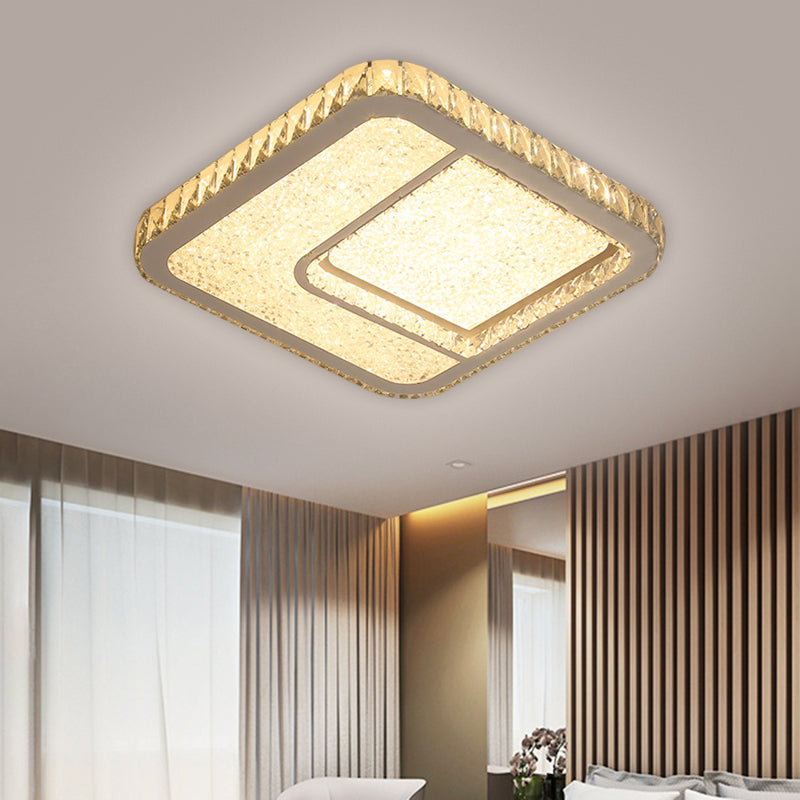 LED Parlor Flushmount Lighting Modernist Chrome Ceiling Fixture with Square Faceted Crystal Shade in Warm/White Light
