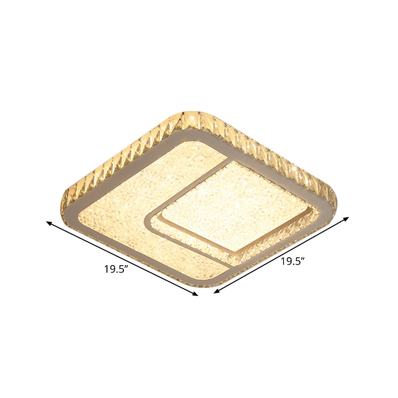 LED Parlor Flushmount Lighting Modernist Chrome Ceiling Fixture with Square Faceted Crystal Shade in Warm/White Light