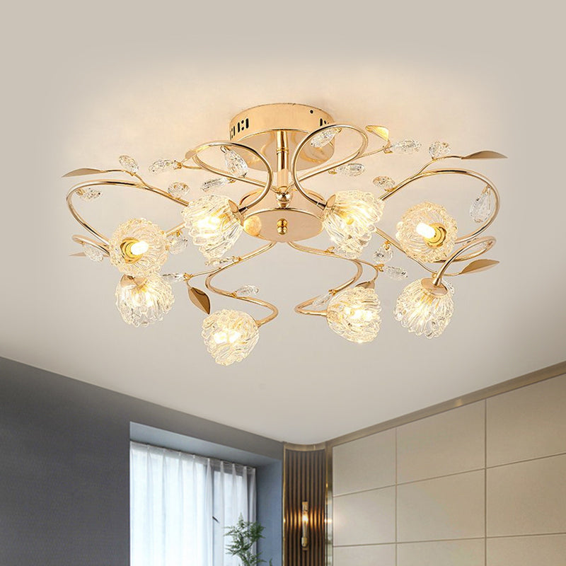PRISMATIC Crystal Floral Soffio Light Contemporary 8 Bulbs Semi Flush With Metal Leaf Design in oro