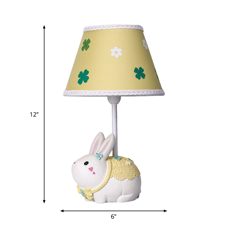 Lampe konische Stoffstudienlampe 1-Licht gelbe Tischlicht mit Kleemuster und Kaninchenbasis