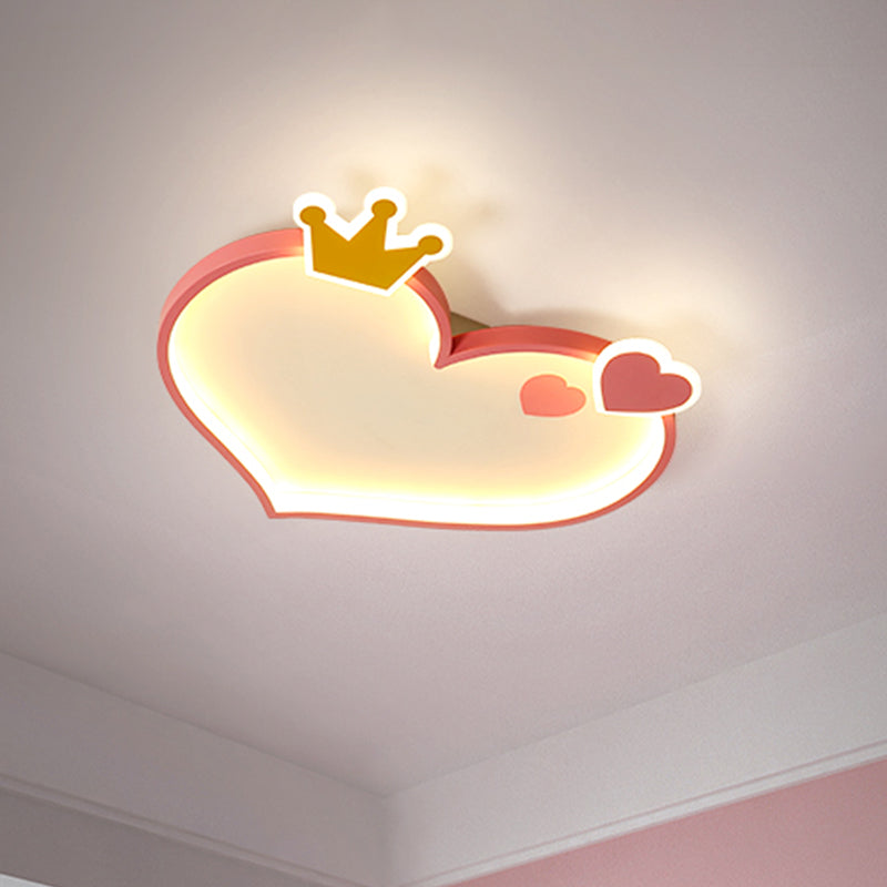 Metallic Loving Heart Flush Ceiling Light Cartoon LED Pink Flush Mount with Crown Decor