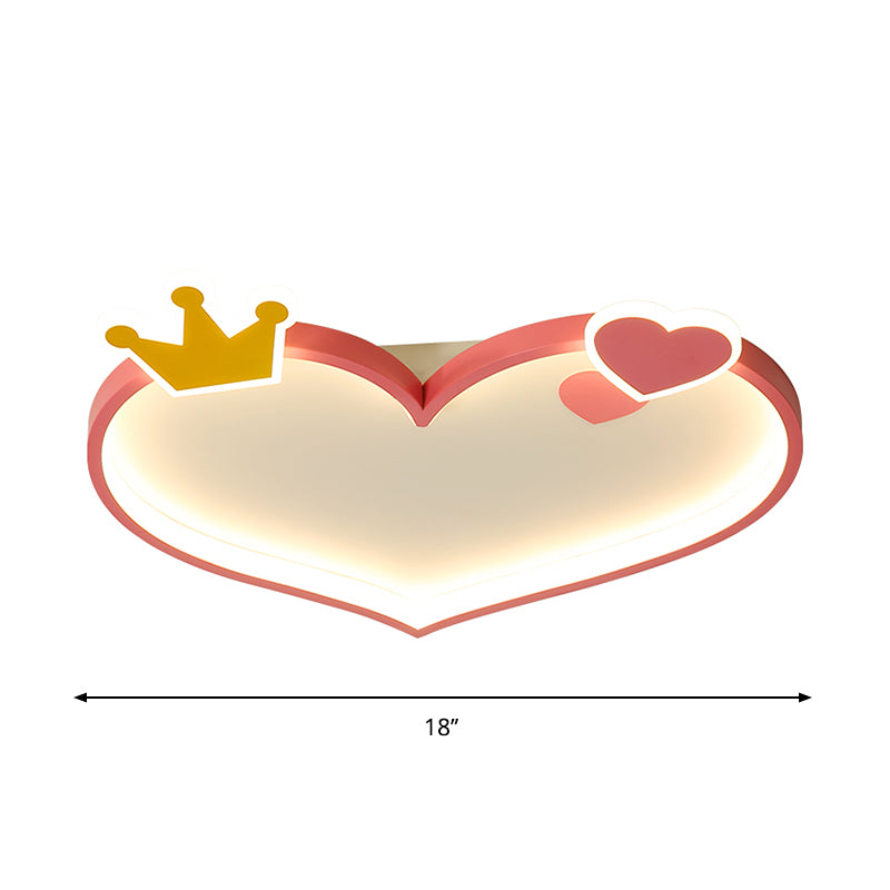 Metallic Loving Heart Flush Ceiling Light Cartoon LED Pink Flush Mount with Crown Decor