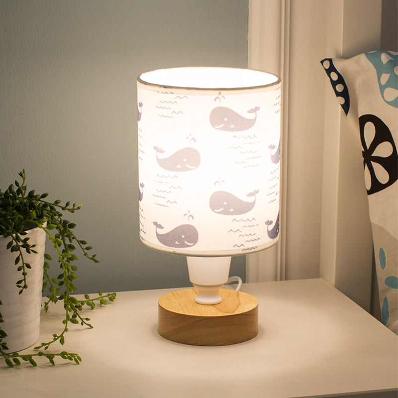 Fabric Cylinder Desk Light Modern 1-Bulb Reading Lamp with Tree/Fish/Cactus Deco and Wooden Base in White