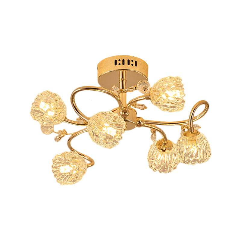 Contemporary 6 Heads Ceiling Lighting Gold Flower Semi-Flush Mount with Cut Crystal Shade