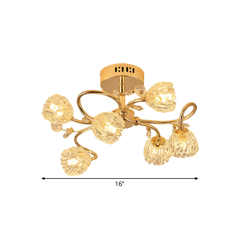 Contemporary 6 Heads Ceiling Lighting Gold Flower Semi-Flush Mount with Cut Crystal Shade