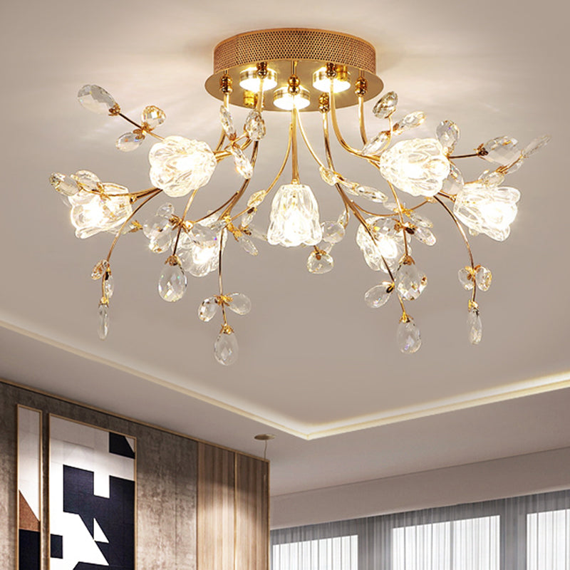 Blüte großer Raum halb Flush Mount Facetted Crystal 7 Köpfe Moderne in der Nähe der Deckenbeleuchtung in Gold