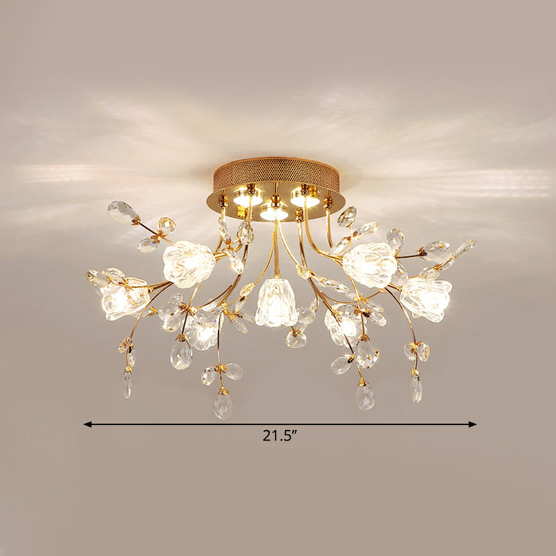 Blüte großer Raum halb Flush Mount Facetted Crystal 7 Köpfe Moderne in der Nähe der Deckenbeleuchtung in Gold