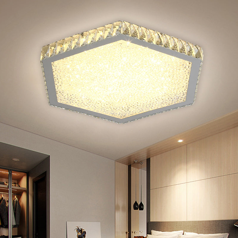 Crystal Block Hexagon Ceiling Lamp Simplicity LED Chrome Flush Mount Lighting in Warm/White Light