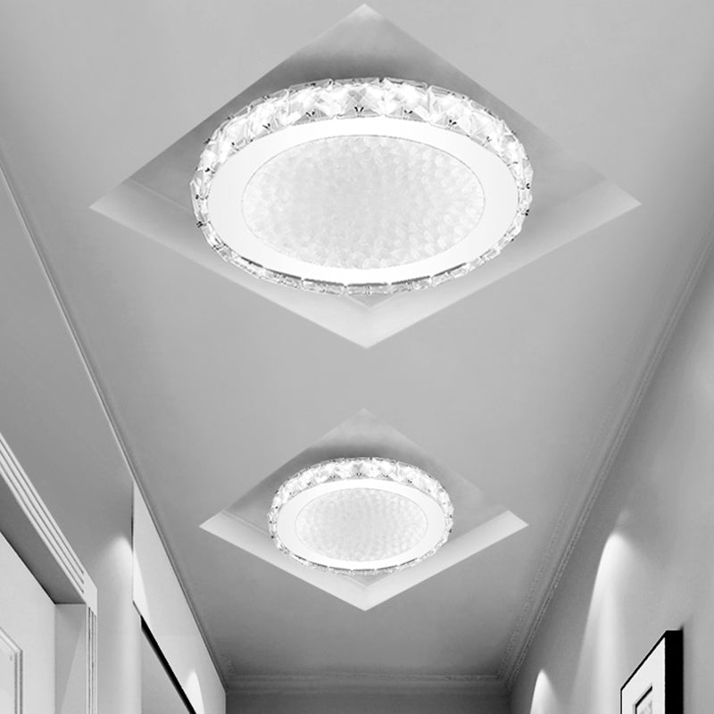 Circle Flush Mount Lamp Simplicity Crystal Block LED Corridor Ceiling Lighting in Chrome, Warm/White Light