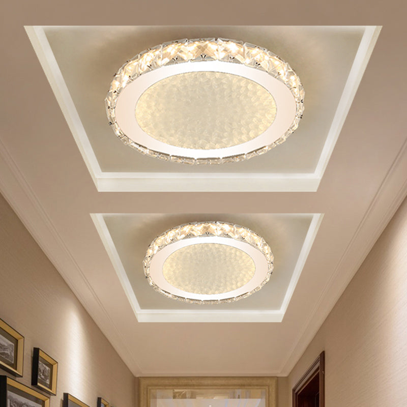 Circle Flush Mount Lamp Simplicity Crystal Block LED Corridor Ceiling Lighting in Chrome, Warm/White Light