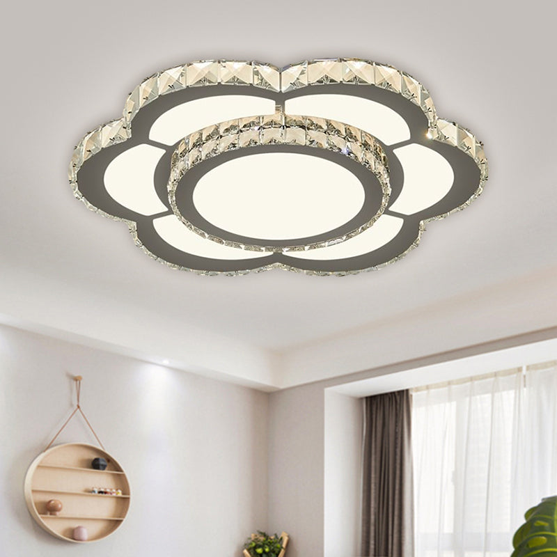Chrome LED Flower Ceiling Flush Mount Simple Faceted Crystal Flushmount Lighting in Warm/White Light, 18"/23.5" Wide