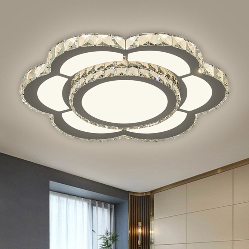 Chrome LED Flower Ceiling Flush Mount Simple Faceted Crystal Flushmount Lighting in Warm/White Light, 18"/23.5" Wide