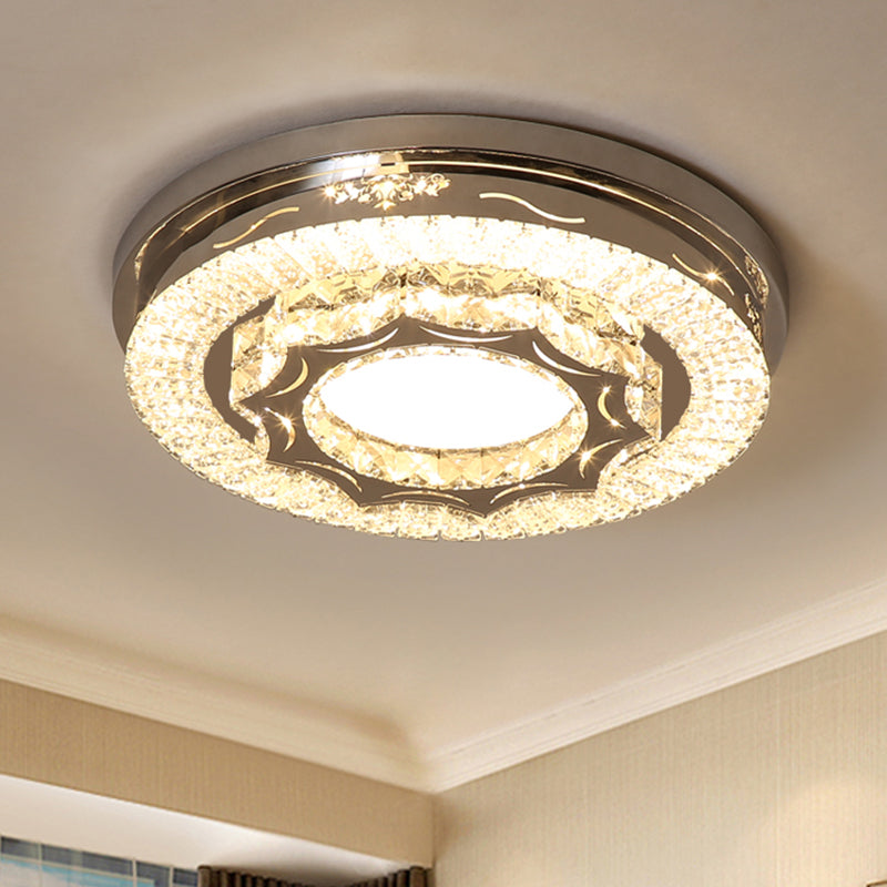 Rectangle-Cut Crystal Round Flushmount Modernist LED Chrome Close to Ceiling Lamp in Warm/White Light