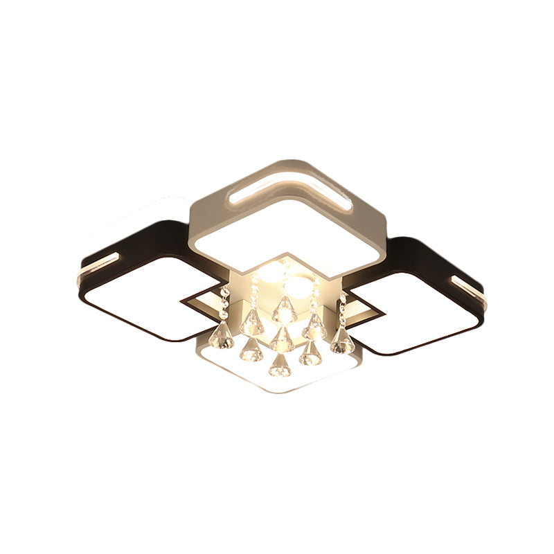 Square Flushmount Lighting Simple Metal Black and White LED Ceiling Fixture with Crystal Drop, Warm/White Light