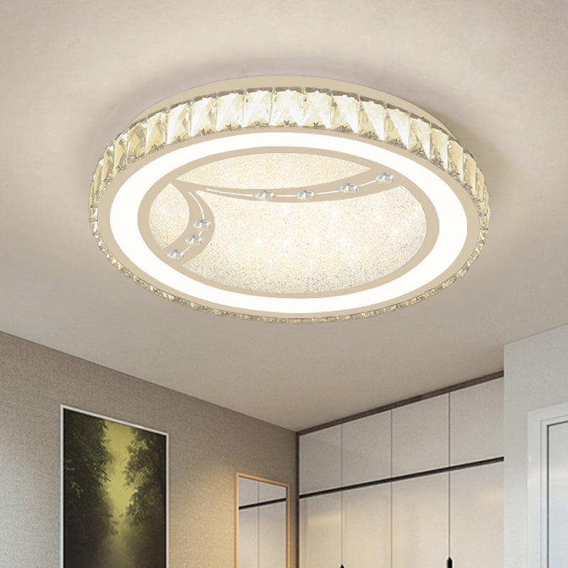 Minimalist Drum Ceiling Lamp Acrylic LED Bedroom Flush Mount Fixture with Crystal Bead Deco in Chrome, Warm/White Light