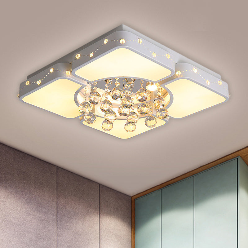 Square Close to Ceiling Lighting Modernist Metal LED Bedroom Flush Mount Light with Crystal Droplet in White, 19.5"/23.5" W