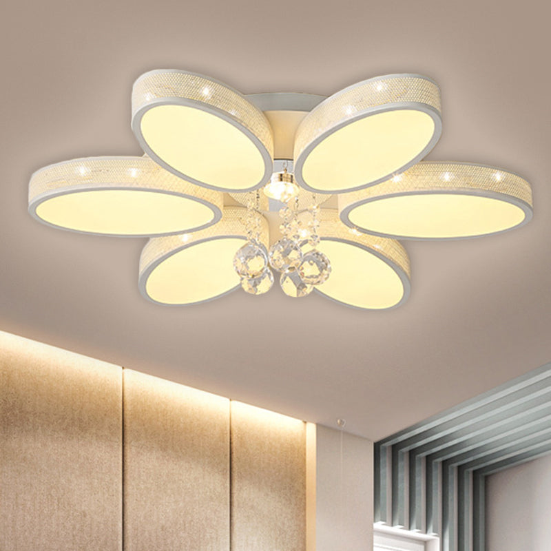 Metal Oval Close to Ceiling Lamp Simple LED White Flush Mount Fixture with Crystal Droplet