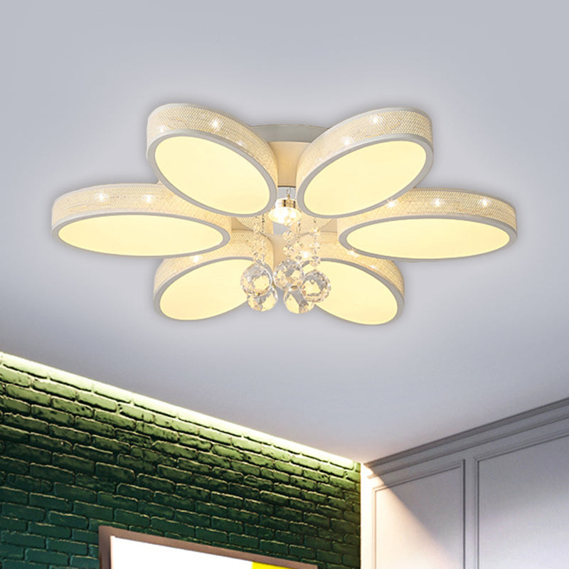 Metal Oval Close to Ceiling Lamp Simple LED White Flush Mount Fixture with Crystal Droplet