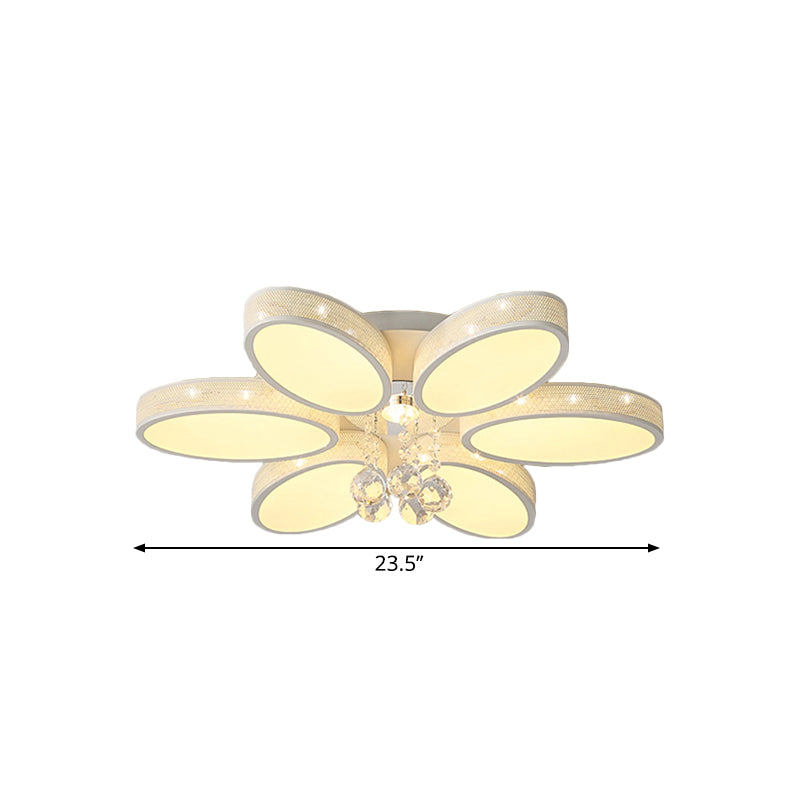 Metal Oval Close to Ceiling Lamp Simple LED White Flush Mount Fixture with Crystal Droplet