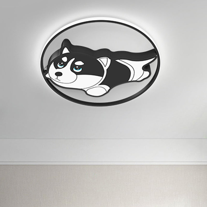 Metallic Dog Flush Ceiling Light Cartoon LED Flush Mount Lighting in Black for Bedroom