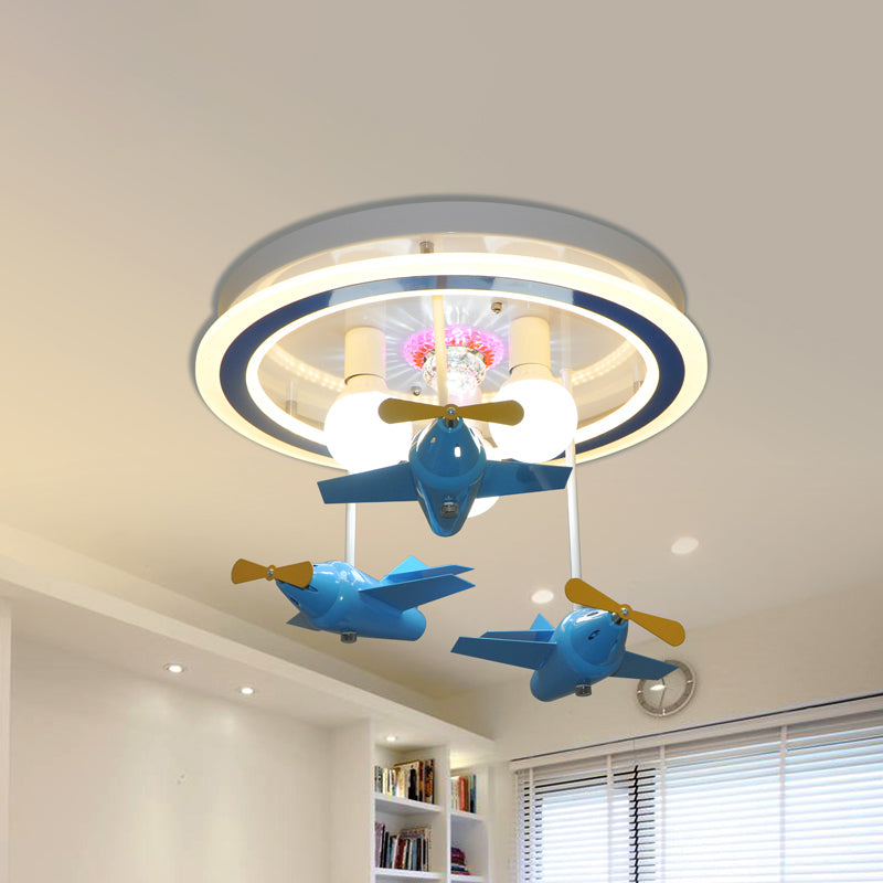 Blue Airplane Lighting Fixture  with Bare Bulb Design Cartoon LED Metal Close to Ceiling Light
