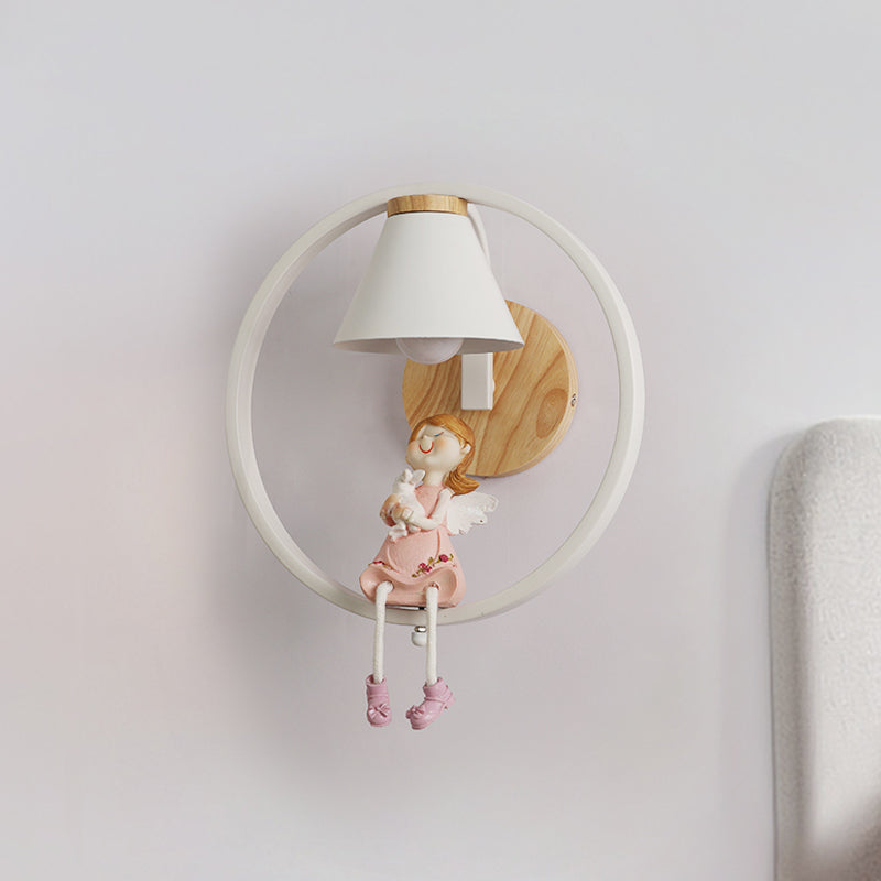 Deer/Angel Girl Wall Light Cartoon Metal 1 lichtroze/blauwe wandverlichting met conische stofschaduw en ring