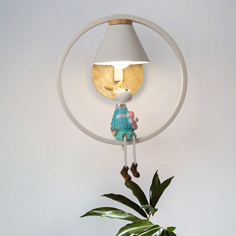 Deer/Angel Girl Wall Light Cartoon Metal 1 lichtroze/blauwe wandverlichting met conische stofschaduw en ring