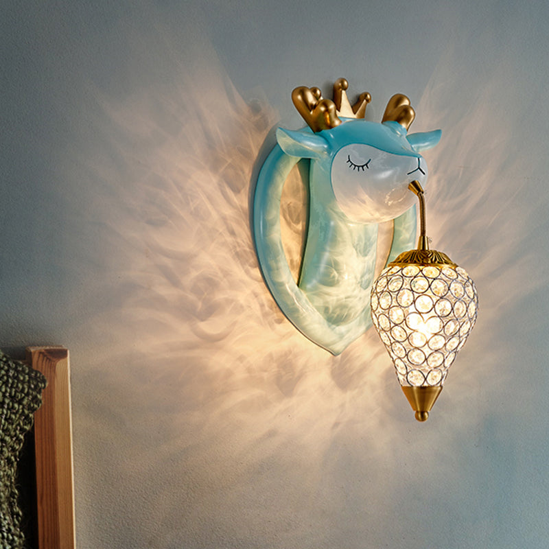 Traande slaapkamer muur gemonteerd licht metaal 1 bol kinderen wand sconce verlichting met herten achterplaat in roze/blauw
