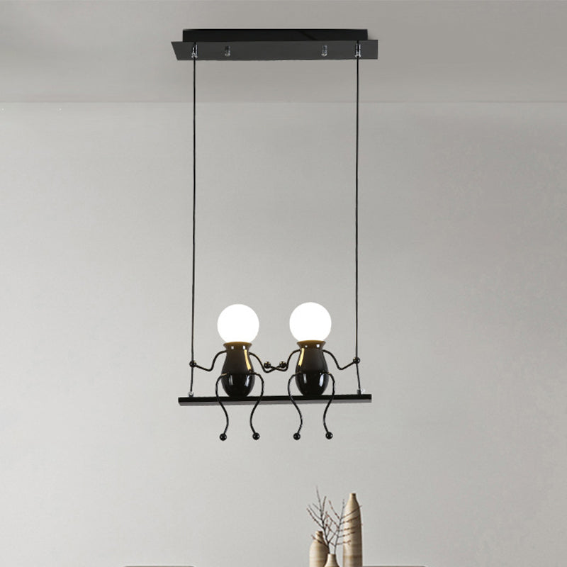 Swing Kid Metal Chandelier Lamp Cartoon 1/2 Heads Black/White Finish Hanging Light Fixture for Bedroom