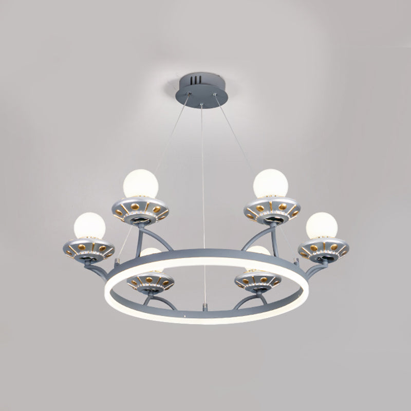 Round Metal Hanging Light Kids 6 Lights Silver Chandelier Lamp with Sphere White Glass Shade
