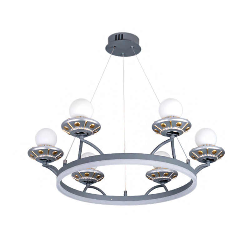 Round Metal Hanging Light Kids 6 Lights Silver Chandelier Lamp with Sphere White Glass Shade